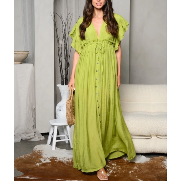 Lime V-Neck Ruffle Sleeves Maxi Dress Sizes Small Medium Large - Picture 5 of 8